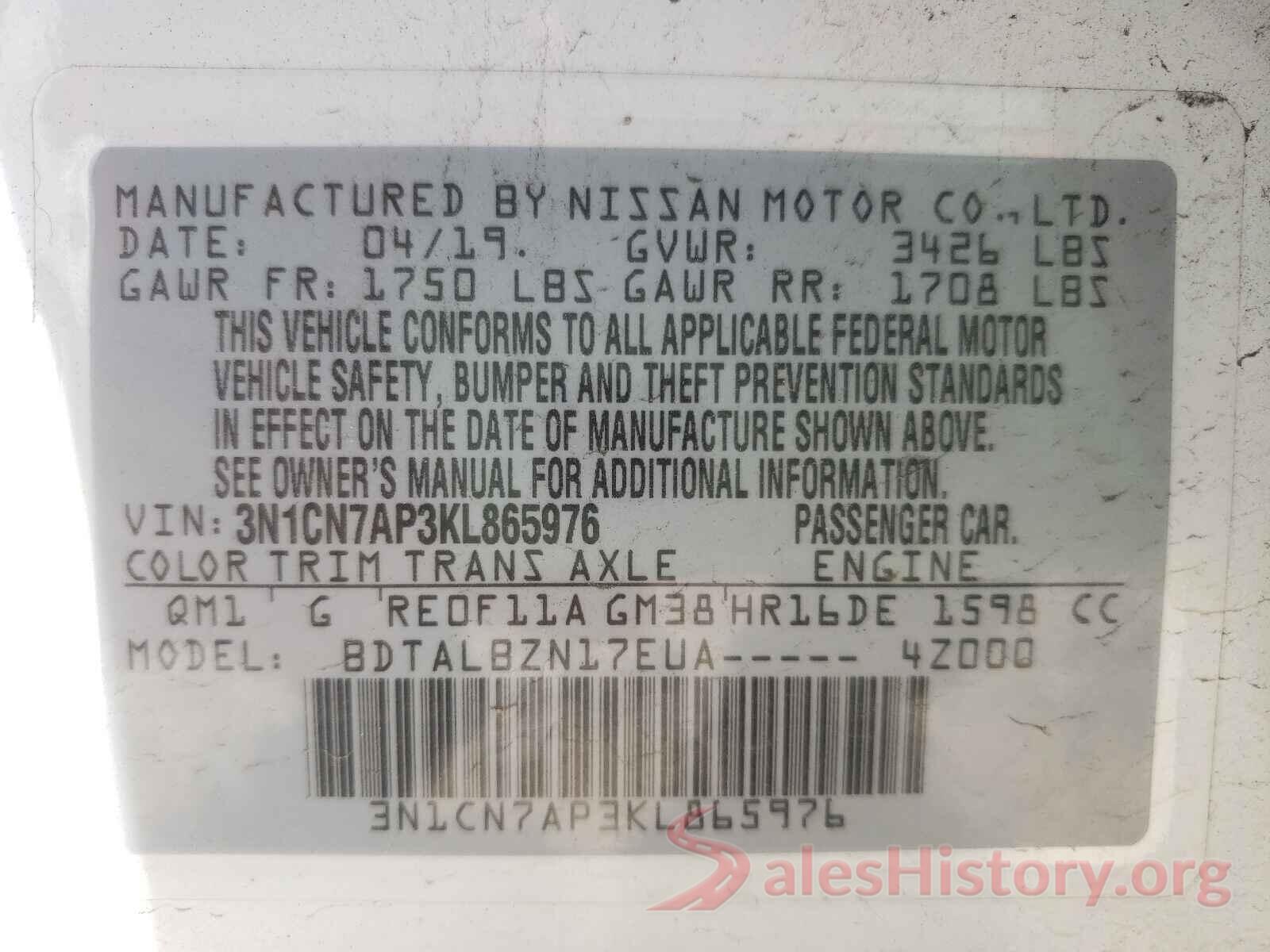 3N1CN7AP3KL865976 2019 NISSAN VERSA