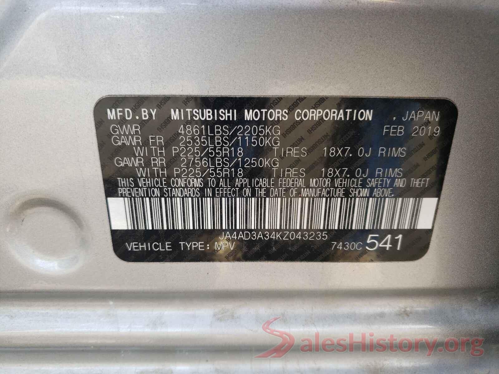 JA4AD3A34KZ043235 2019 MITSUBISHI OUTLANDER