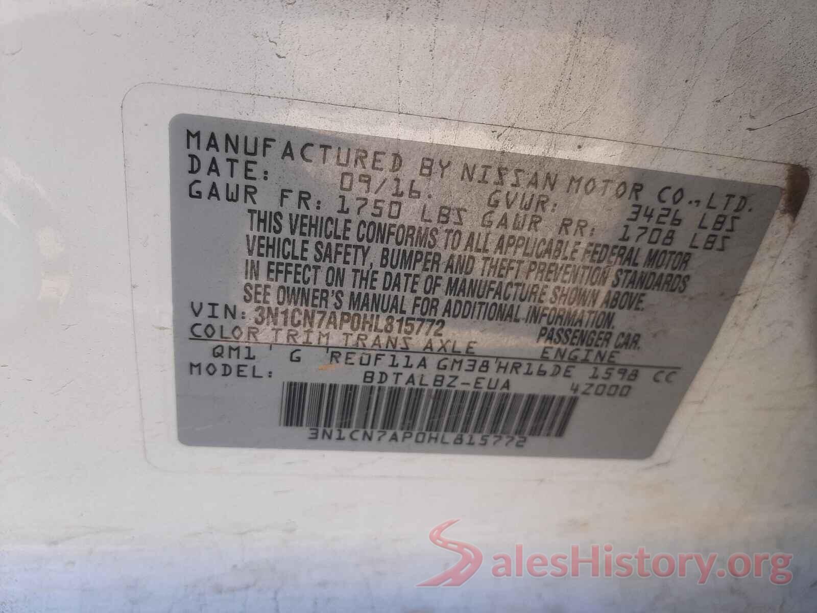 3N1CN7AP0HL815772 2017 NISSAN VERSA