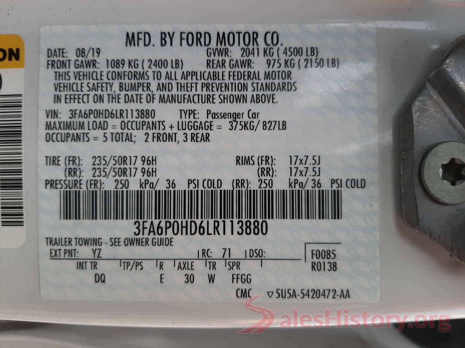 3FA6P0HD6LR113880 2020 FORD FUSION