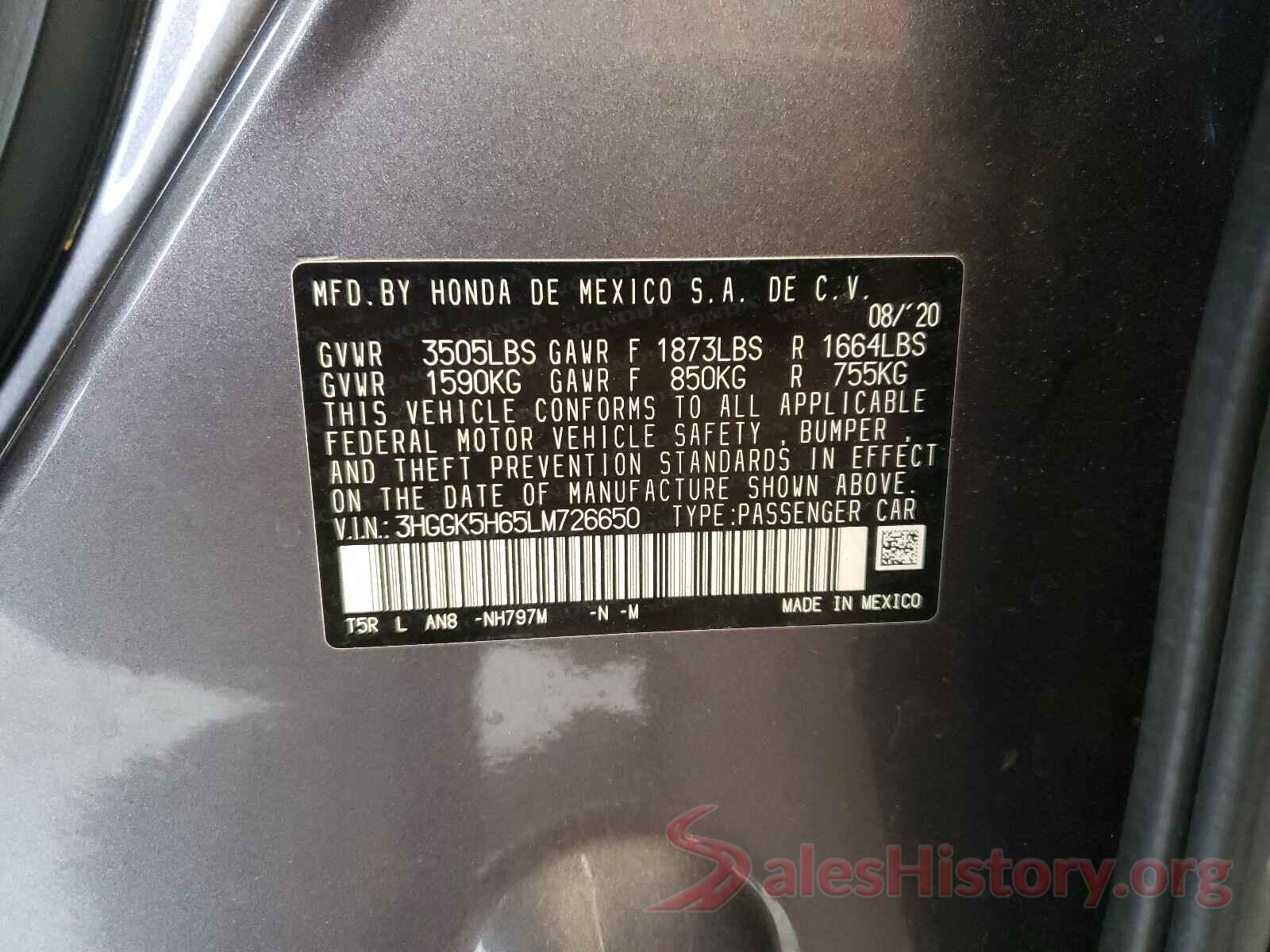 3HGGK5H65LM726650 2020 HONDA FIT