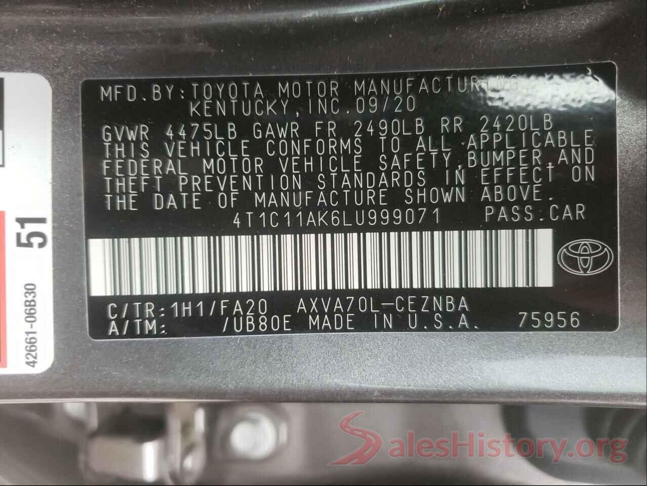 4T1C11AK6LU999071 2020 TOYOTA CAMRY