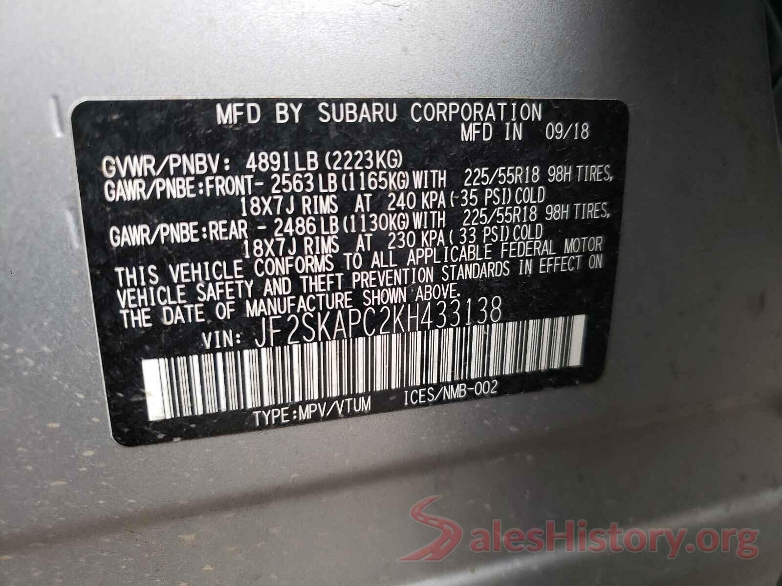 JF2SKAPC2KH433138 2019 SUBARU FORESTER