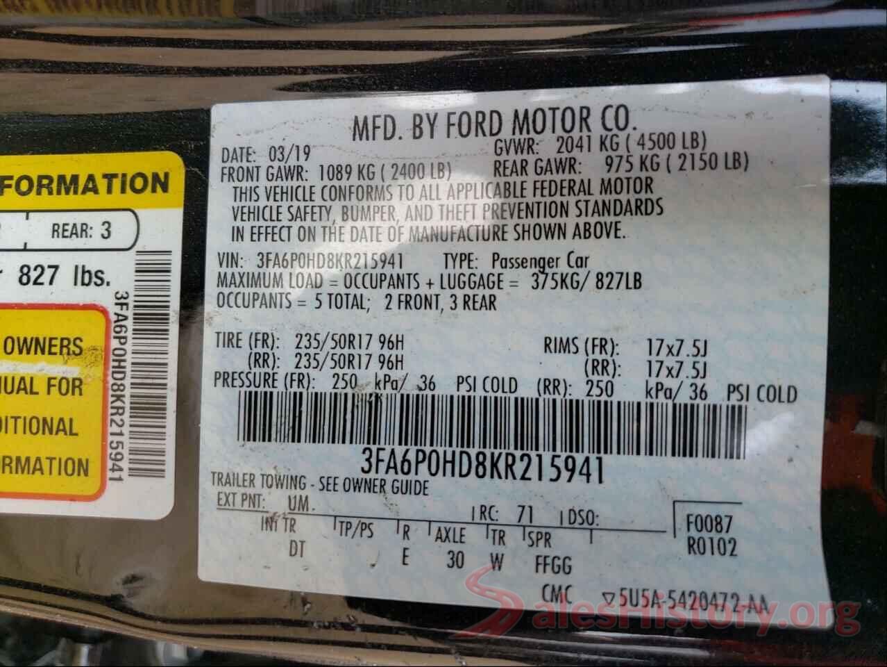 3FA6P0HD8KR215941 2019 FORD FUSION