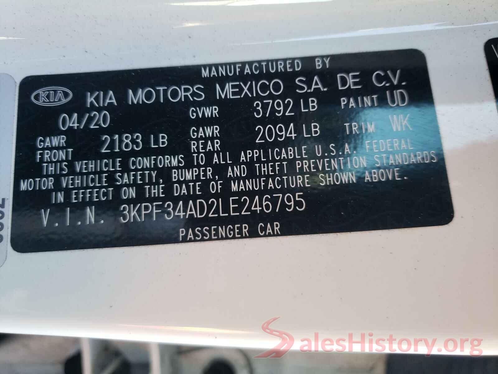 3KPF34AD2LE246795 2020 KIA FORTE