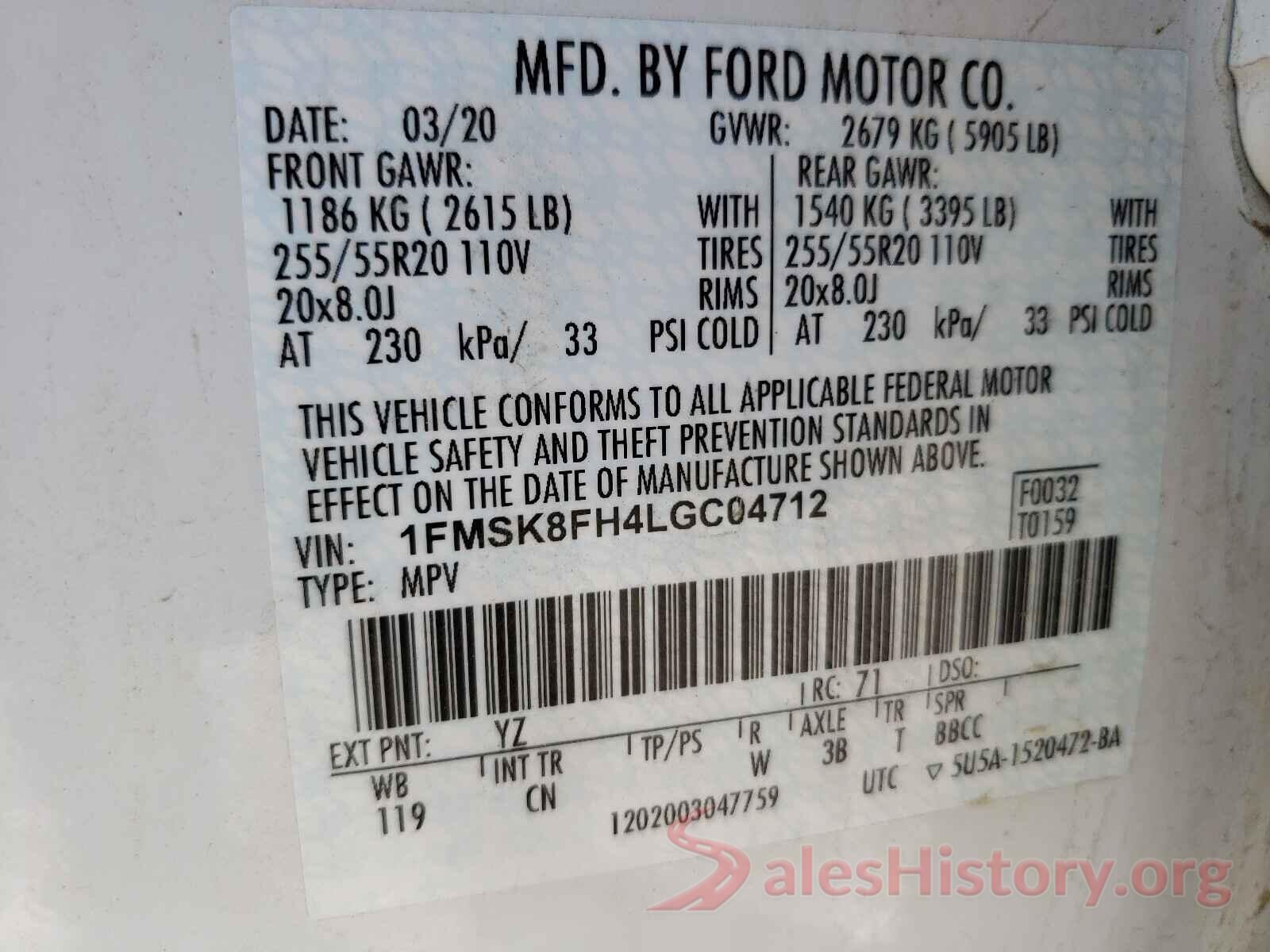 1FMSK8FH4LGC04712 2020 FORD EXPLORER