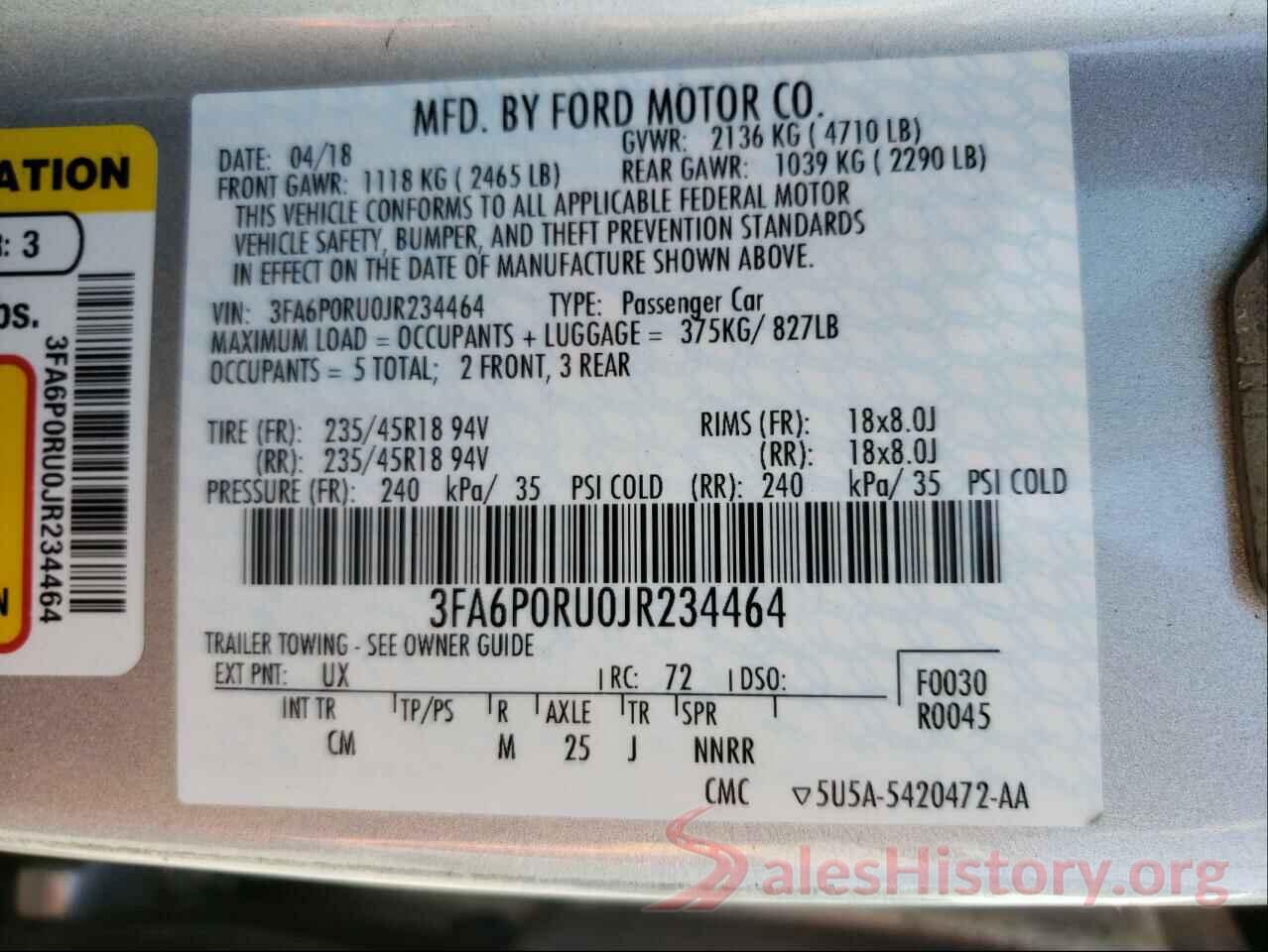 3FA6P0RU0JR234464 2018 FORD FUSION