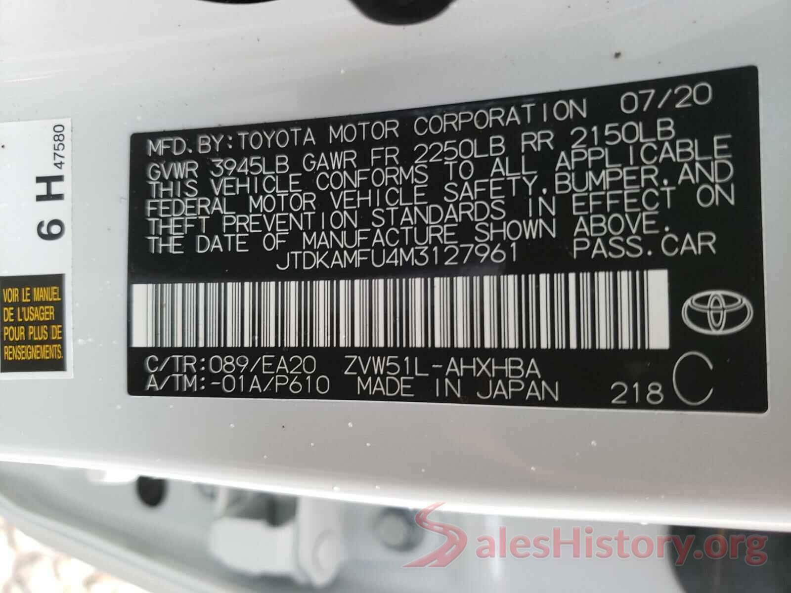 JTDKAMFU4M3127961 2021 TOYOTA PRIUS