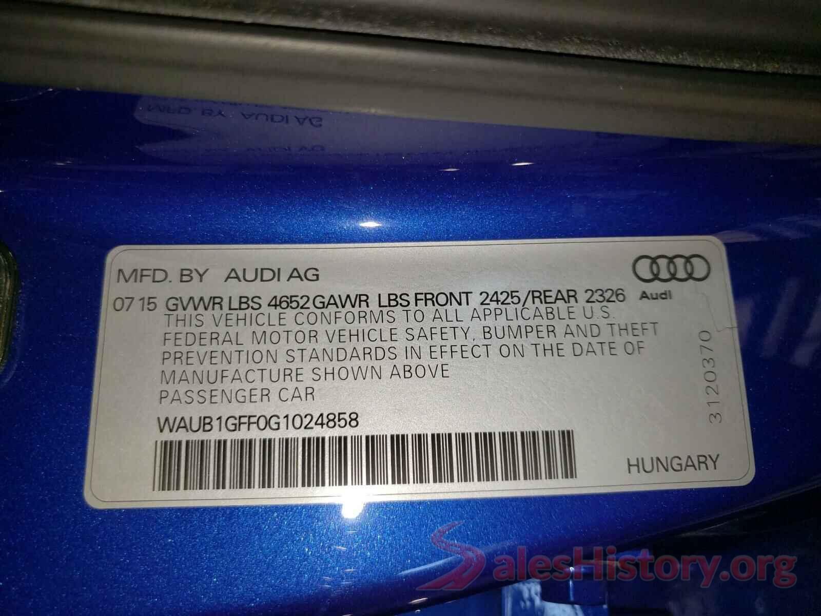 WAUB1GFF0G1024858 2016 AUDI S3