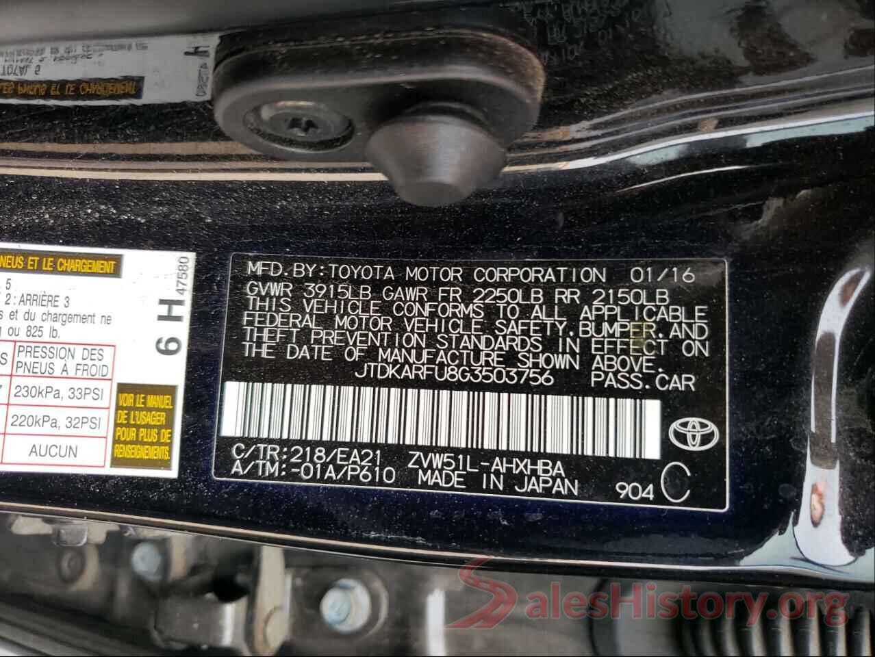 JTDKARFU8G3503756 2016 TOYOTA PRIUS