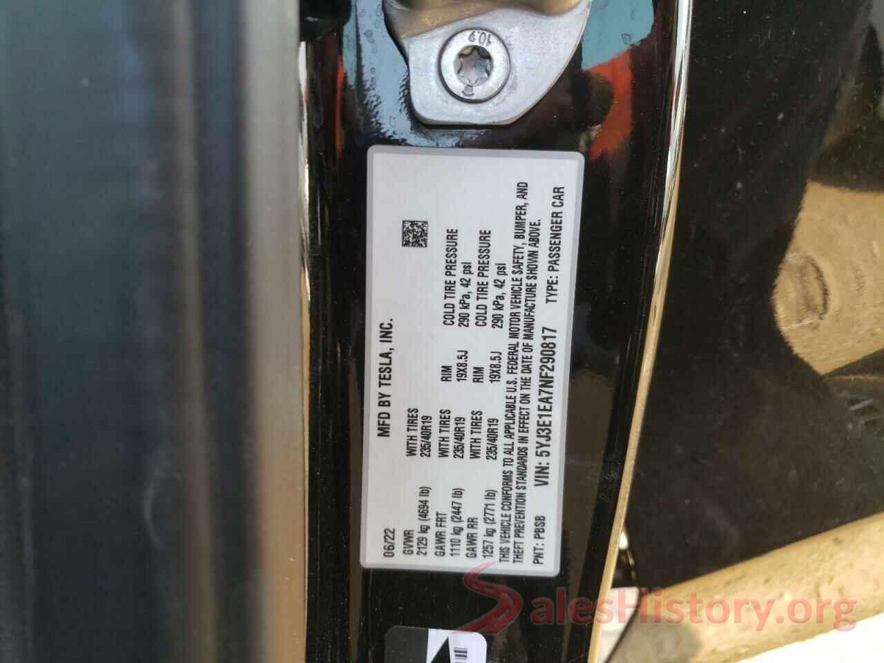 5YJ3E1EA7NF290817 2022 TESLA MODEL 3