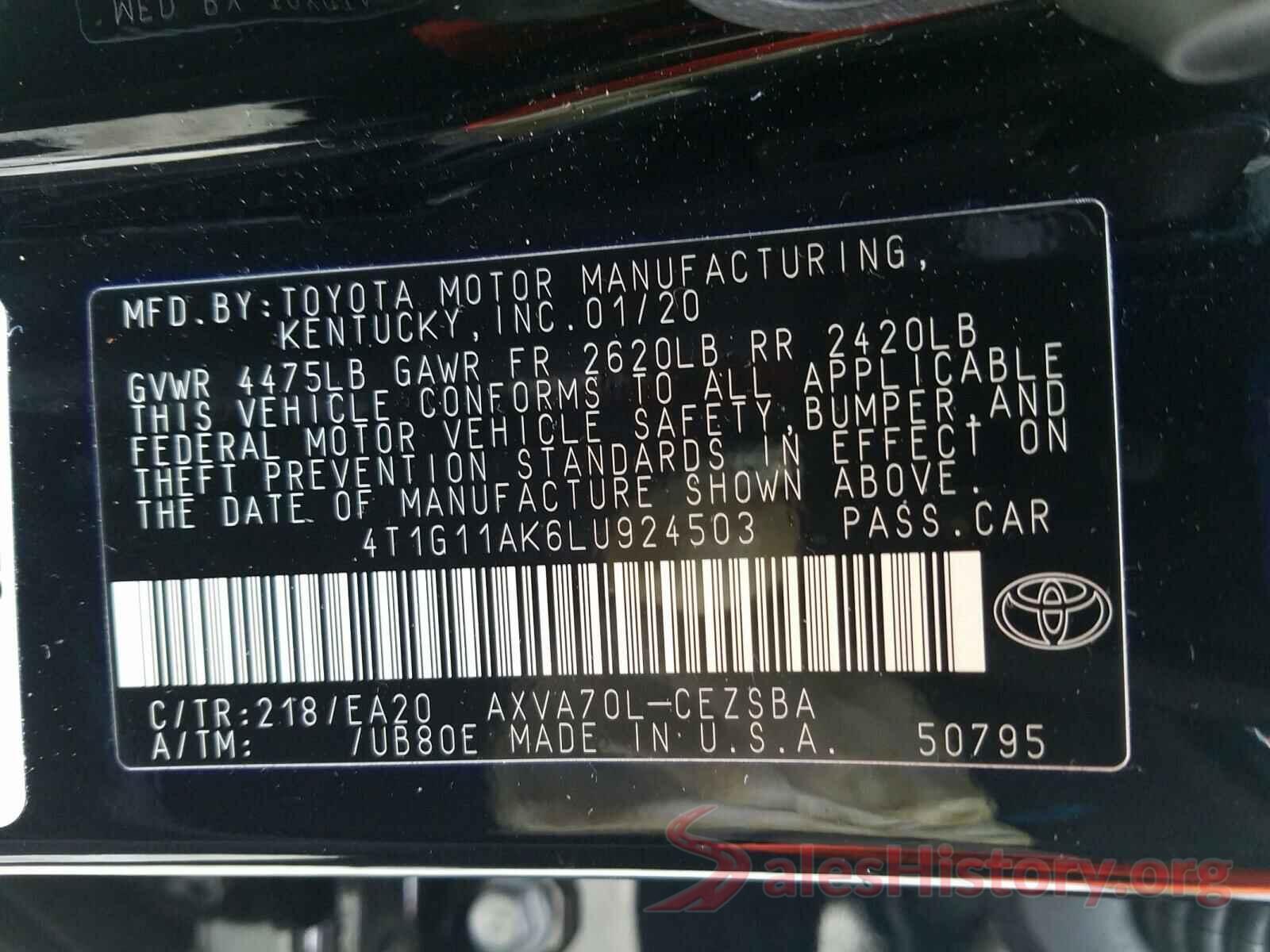 4T1G11AK6LU924503 2020 TOYOTA CAMRY