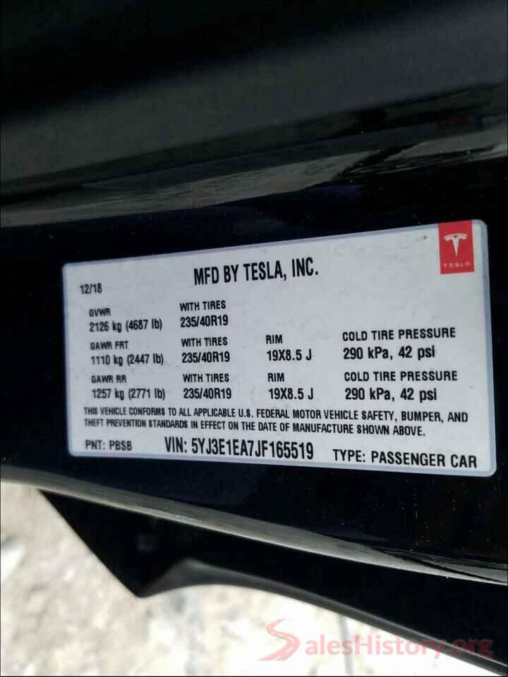 5YJ3E1EA7JF165519 2018 TESLA MODEL 3