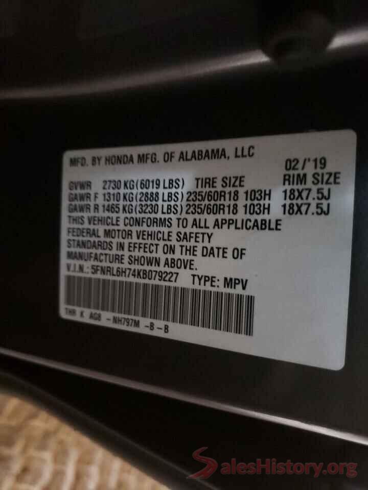 5FNRL6H74KB079227 2019 HONDA ODYSSEY