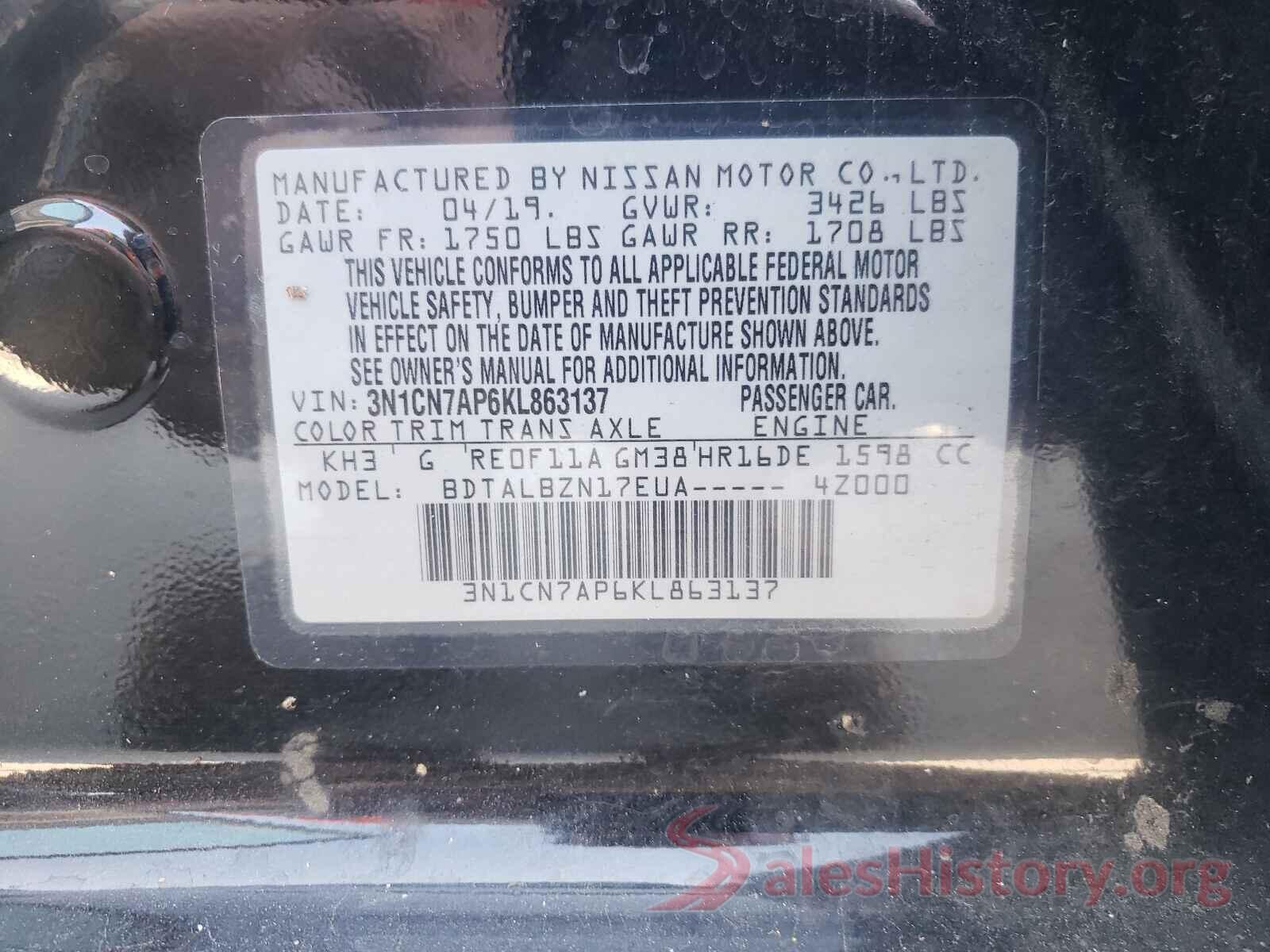 3N1CN7AP6KL863137 2019 NISSAN VERSA