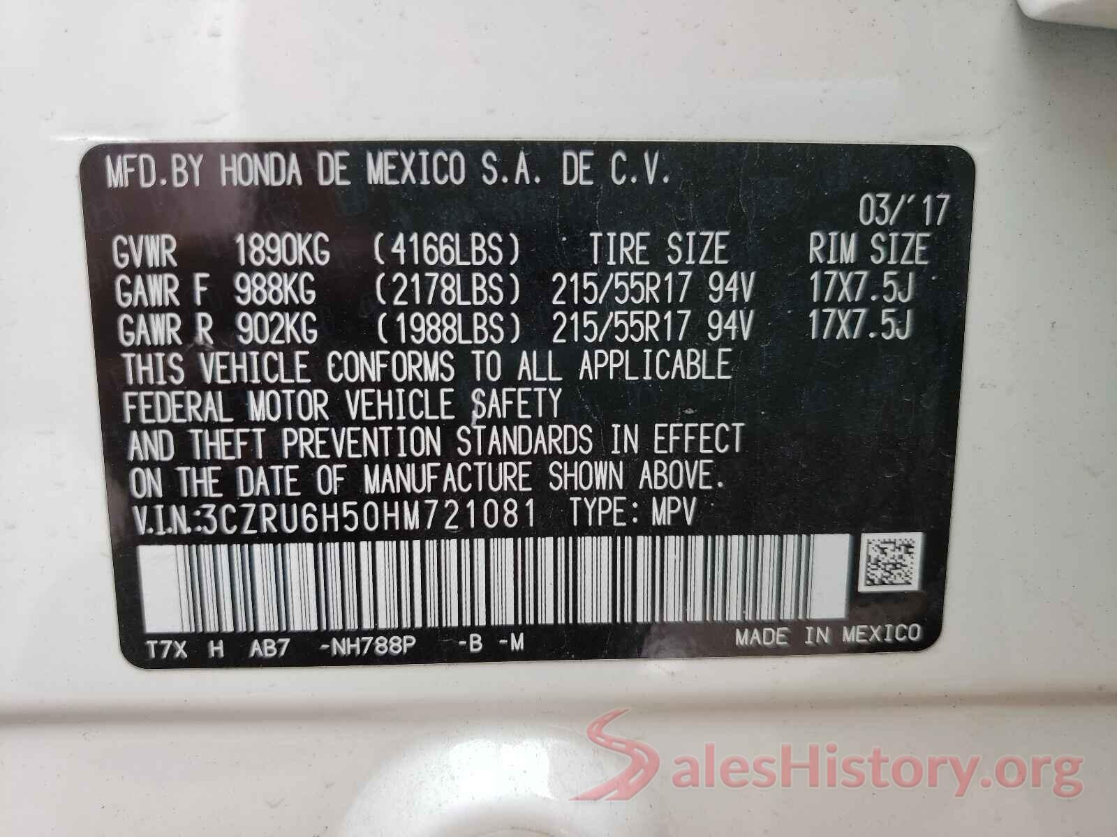 3CZRU6H50HM721081 2017 HONDA HR-V