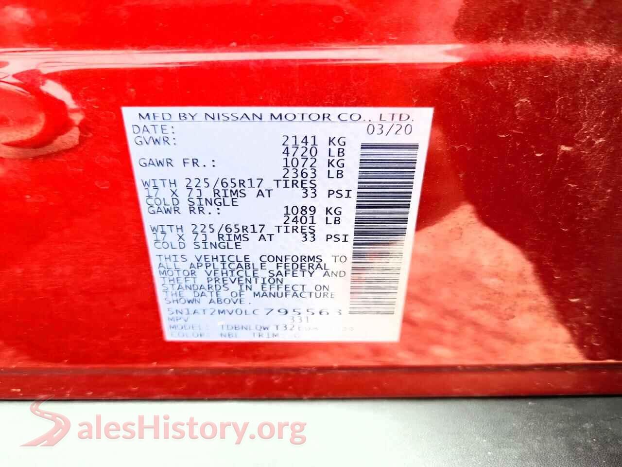 2020 NISSAN ROGUE VIN 5N1AT2MV0LC795563, trunk area