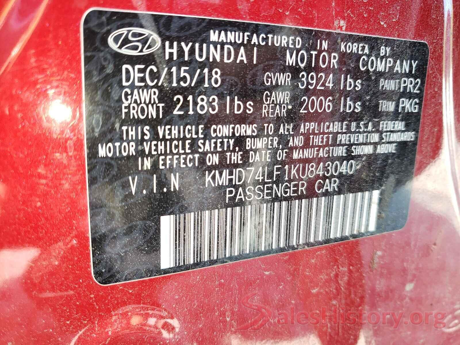 KMHD74LF1KU843040 2019 HYUNDAI ELANTRA