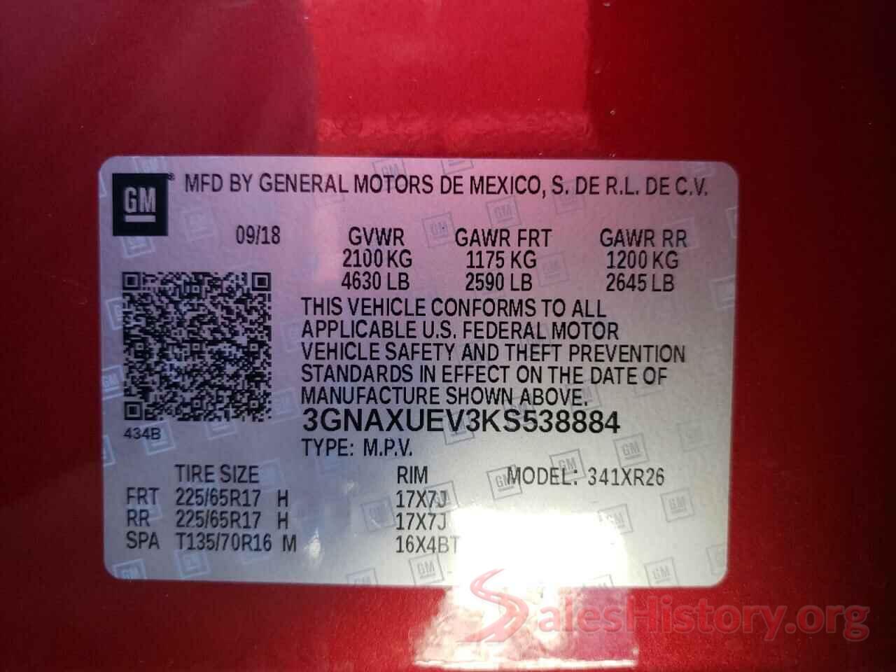 3GNAXUEV3KS538884 2019 CHEVROLET EQUINOX