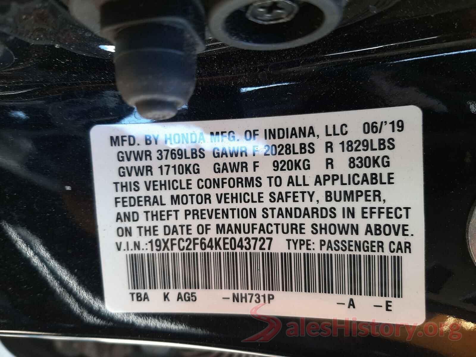 19XFC2F64KE043727 2019 HONDA CIVIC