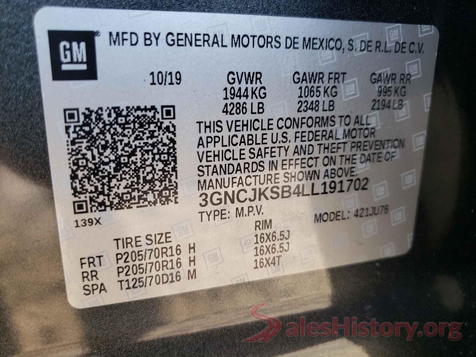 3GNCJKSB4LL191702 2020 CHEVROLET TRAX