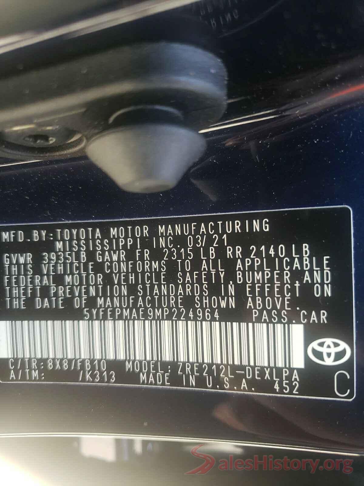 5YFEPMAE9MP224964 2021 TOYOTA COROLLA