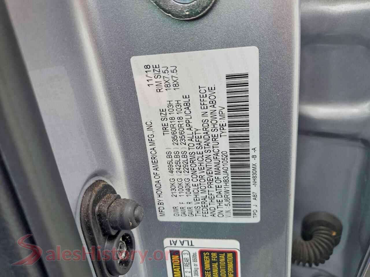 2018 HONDA CRV VIN 5J6RW1H83JA010520, trunk area