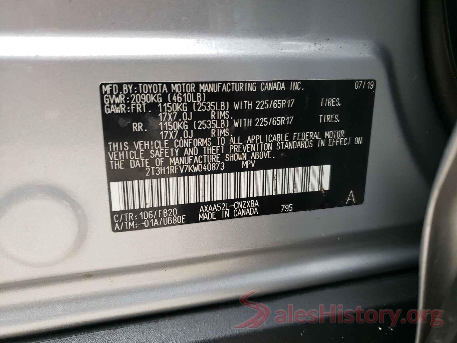 2T3H1RFV7KW040873 2019 TOYOTA RAV4