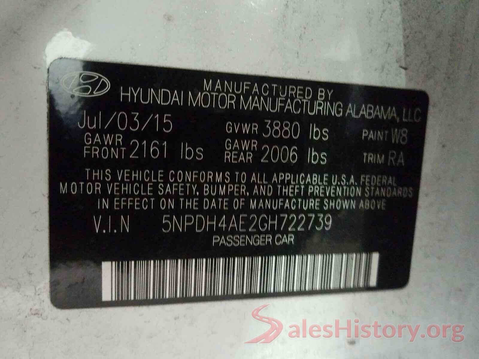 5NPDH4AE2GH722739 2016 HYUNDAI ELANTRA