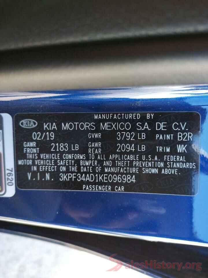 3KPF34AD1KE096984 2019 KIA FORTE