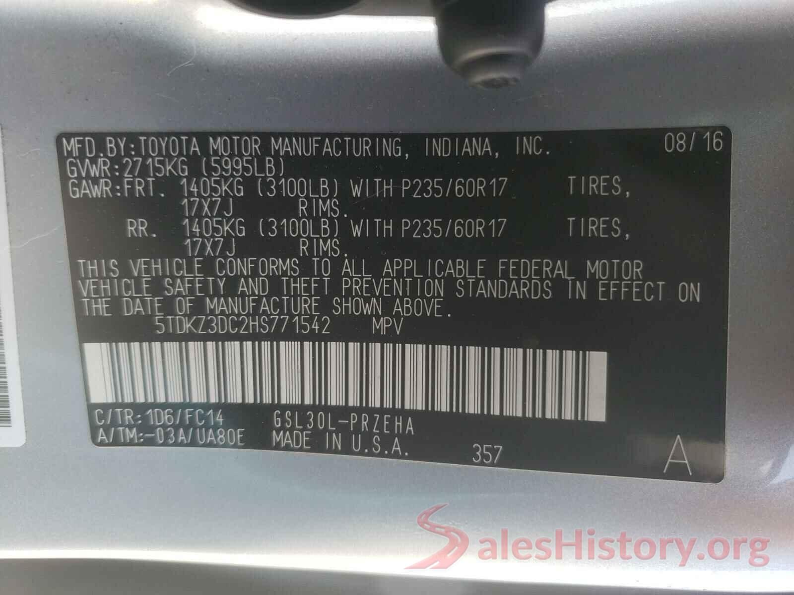 5TDKZ3DC2HS771542 2017 TOYOTA SIENNA