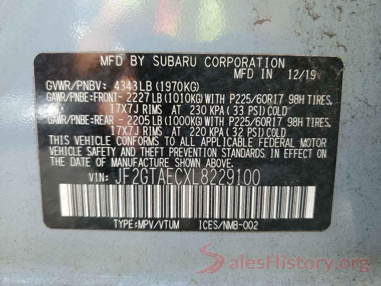 JF2GTAECXL8229100 2020 SUBARU CROSSTREK