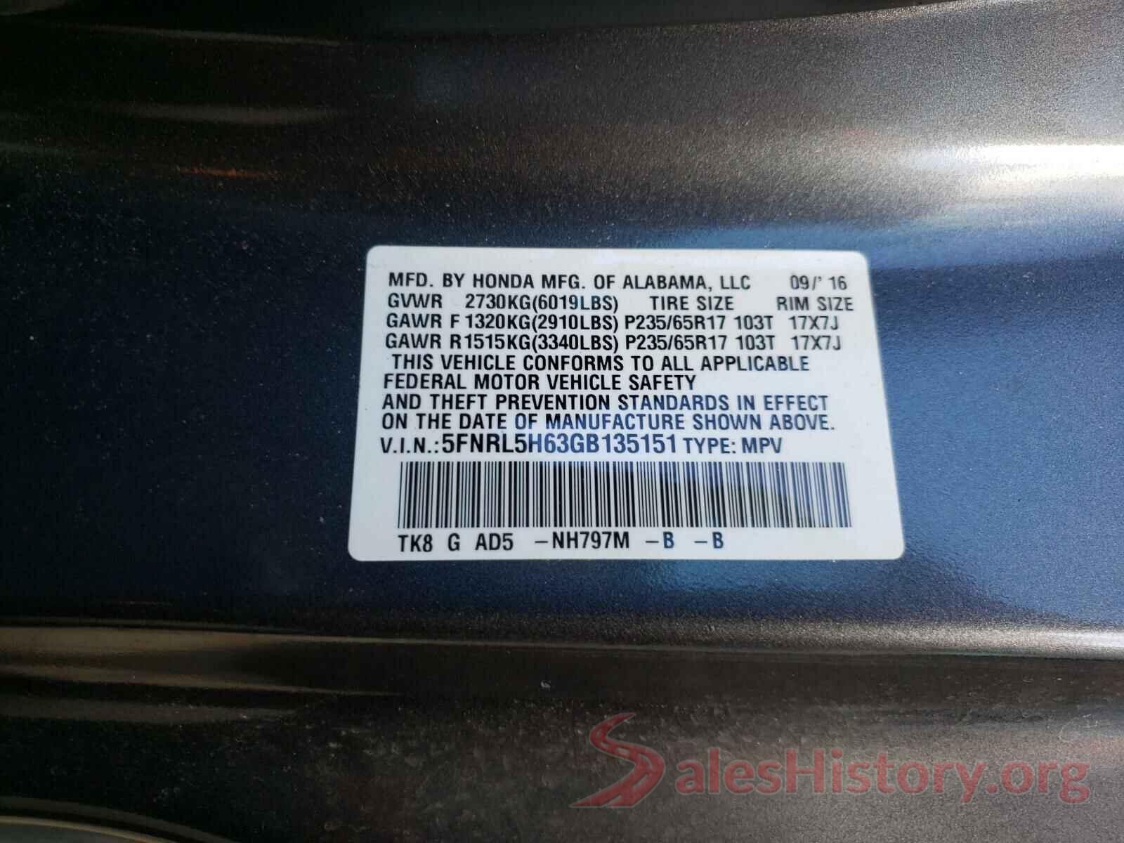 5FNRL5H63GB135151 2016 HONDA ODYSSEY