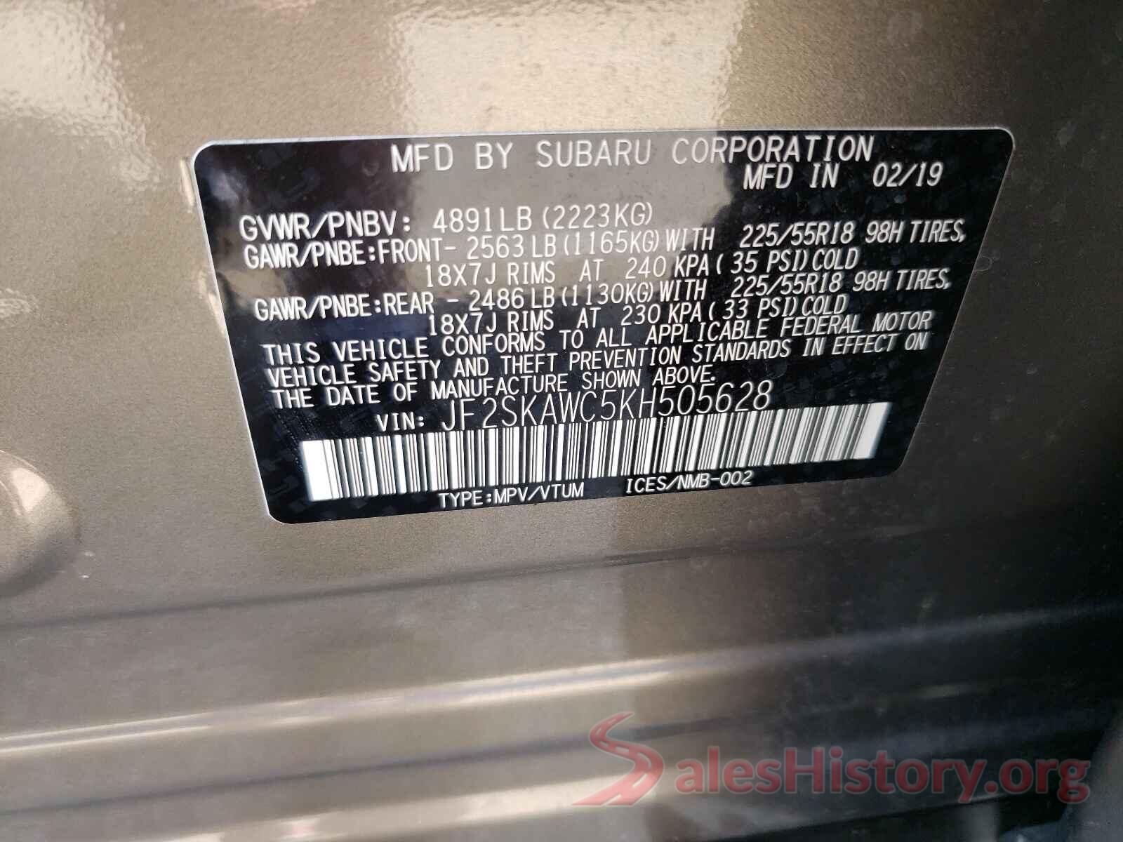 JF2SKAWC5KH505628 2019 SUBARU FORESTER