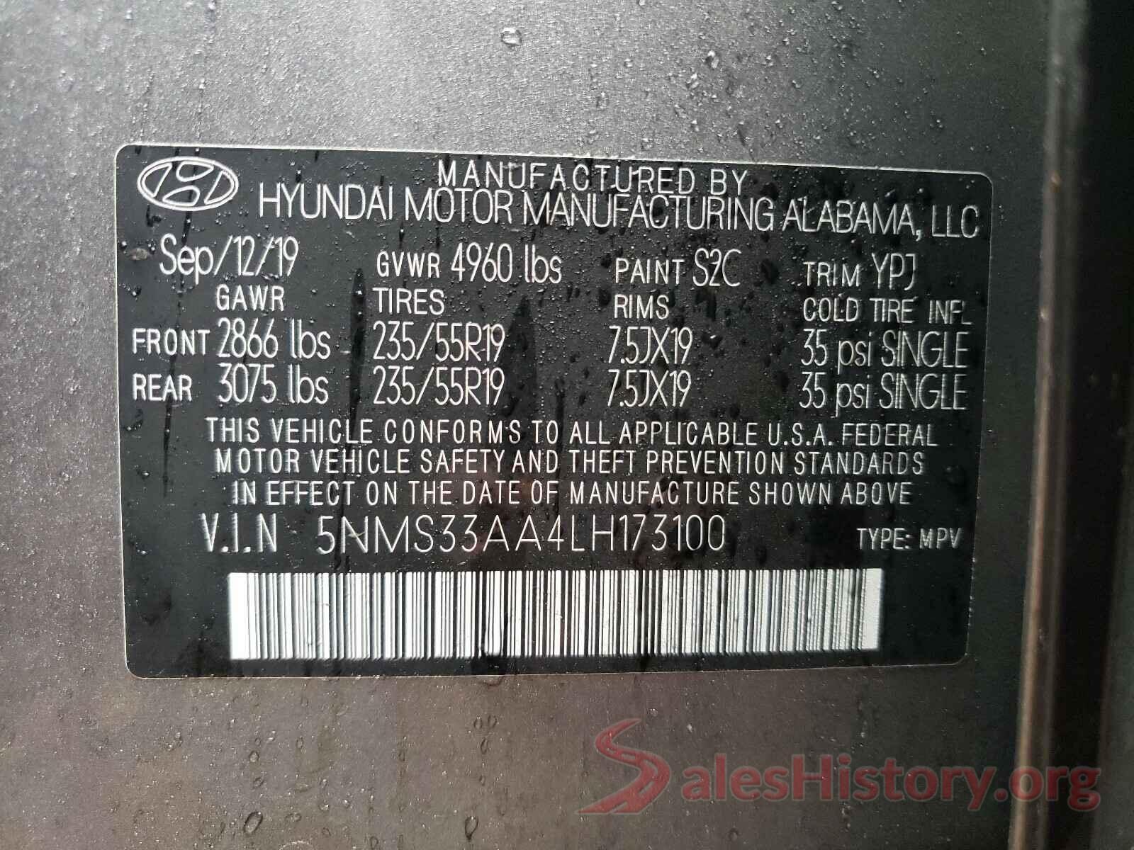 5NMS33AA4LH173100 2020 HYUNDAI SANTA FE