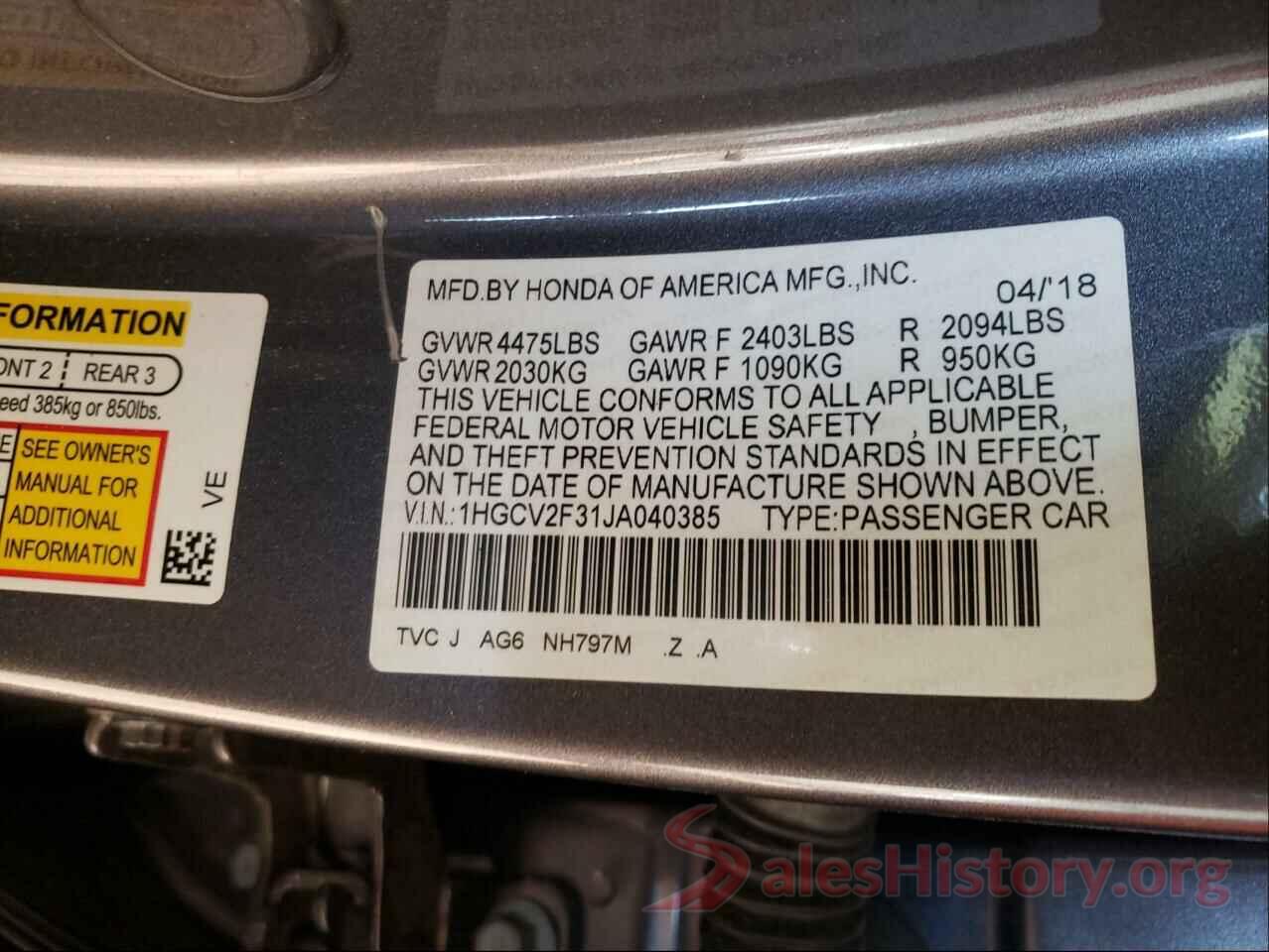 1HGCV2F31JA040385 2018 HONDA ACCORD