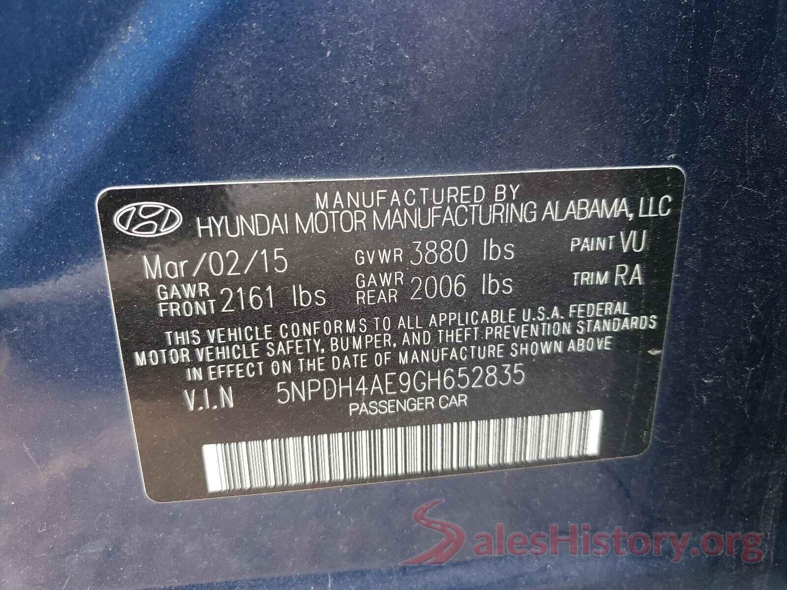 5NPDH4AE9GH652835 2016 HYUNDAI ELANTRA