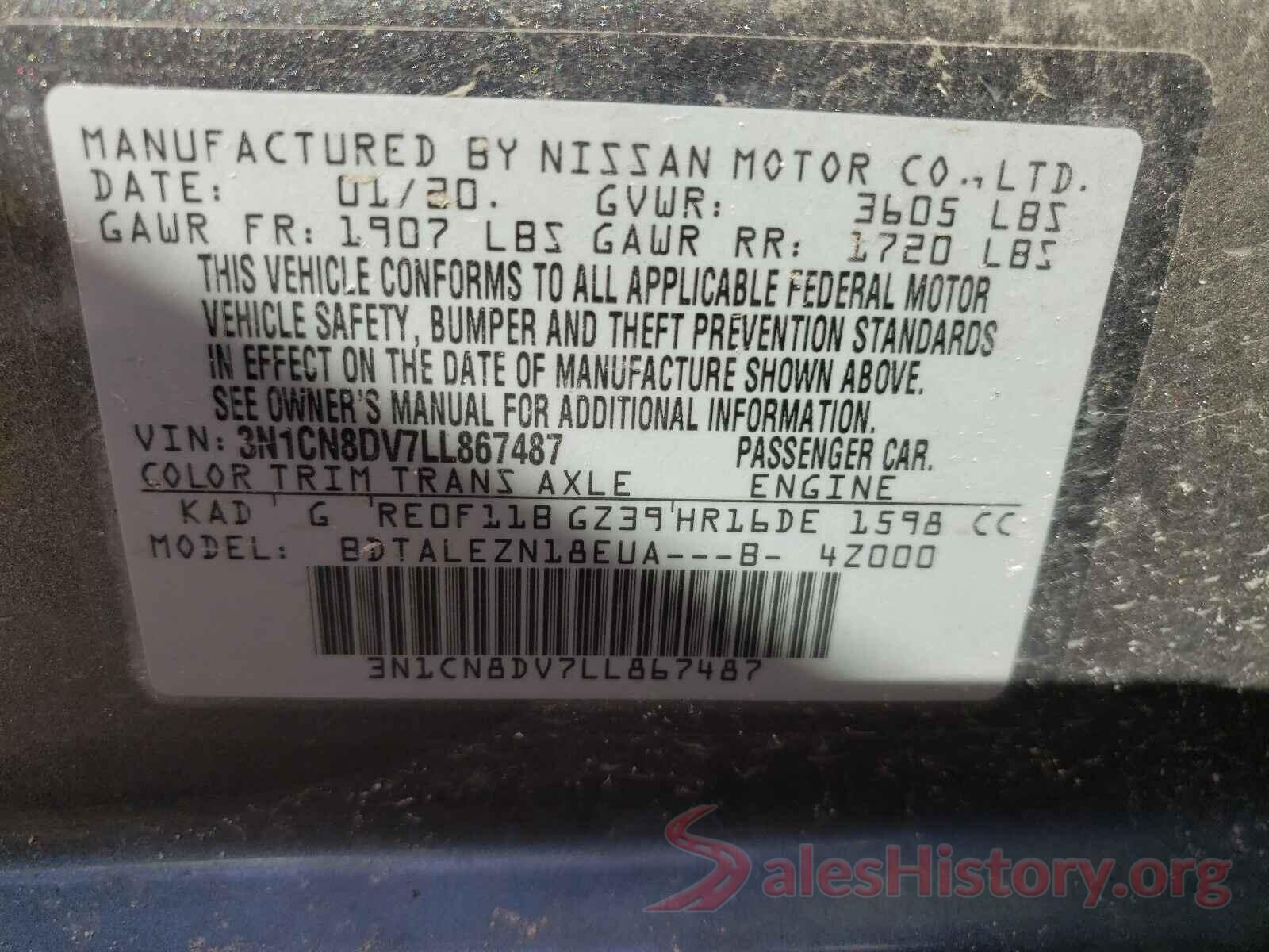 3N1CN8DV7LL867487 2020 NISSAN VERSA