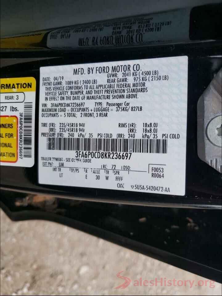 3FA6P0CD8KR236697 2019 FORD FUSION