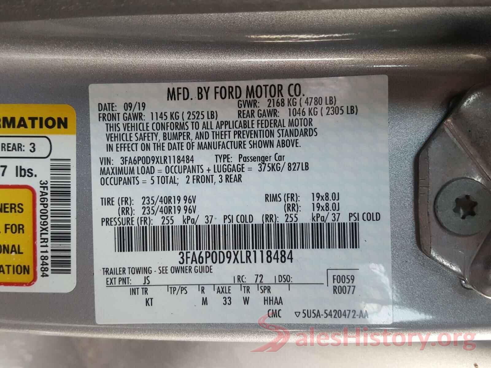 3FA6P0D9XLR118484 2020 FORD FUSION