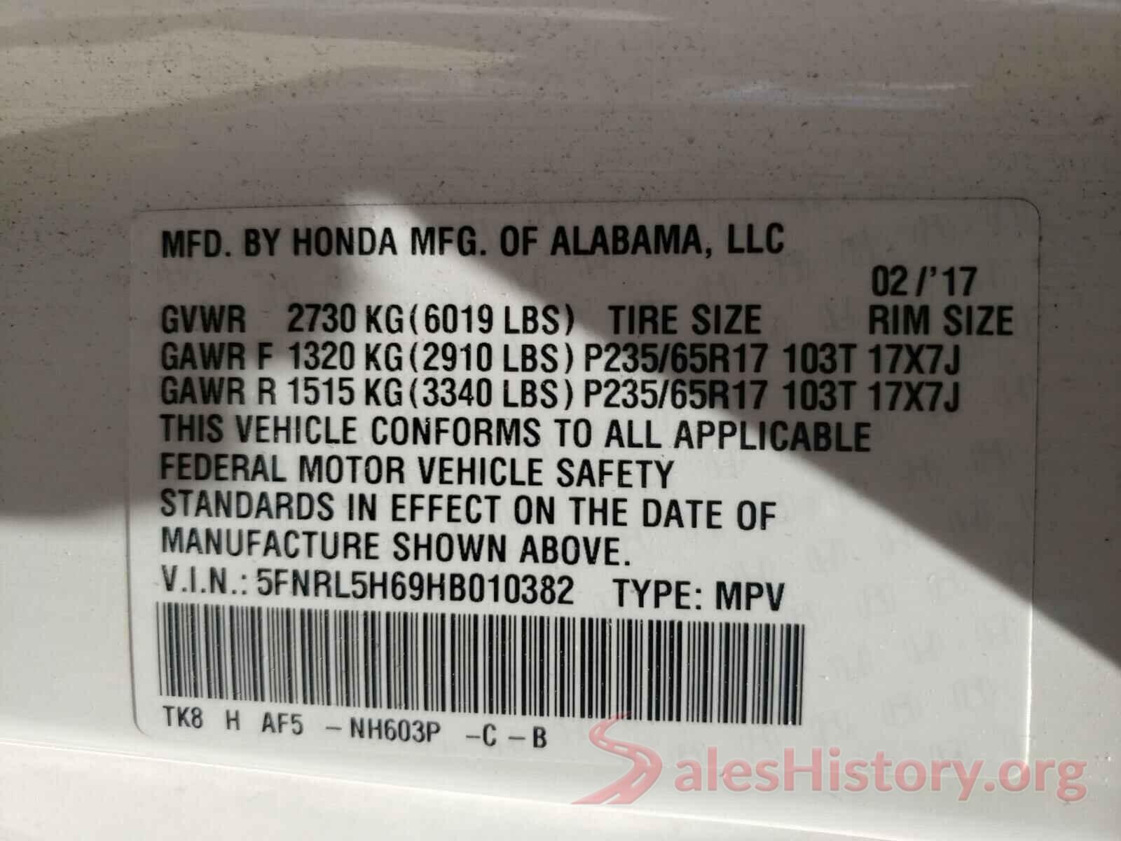 5FNRL5H69HB010382 2017 HONDA ODYSSEY