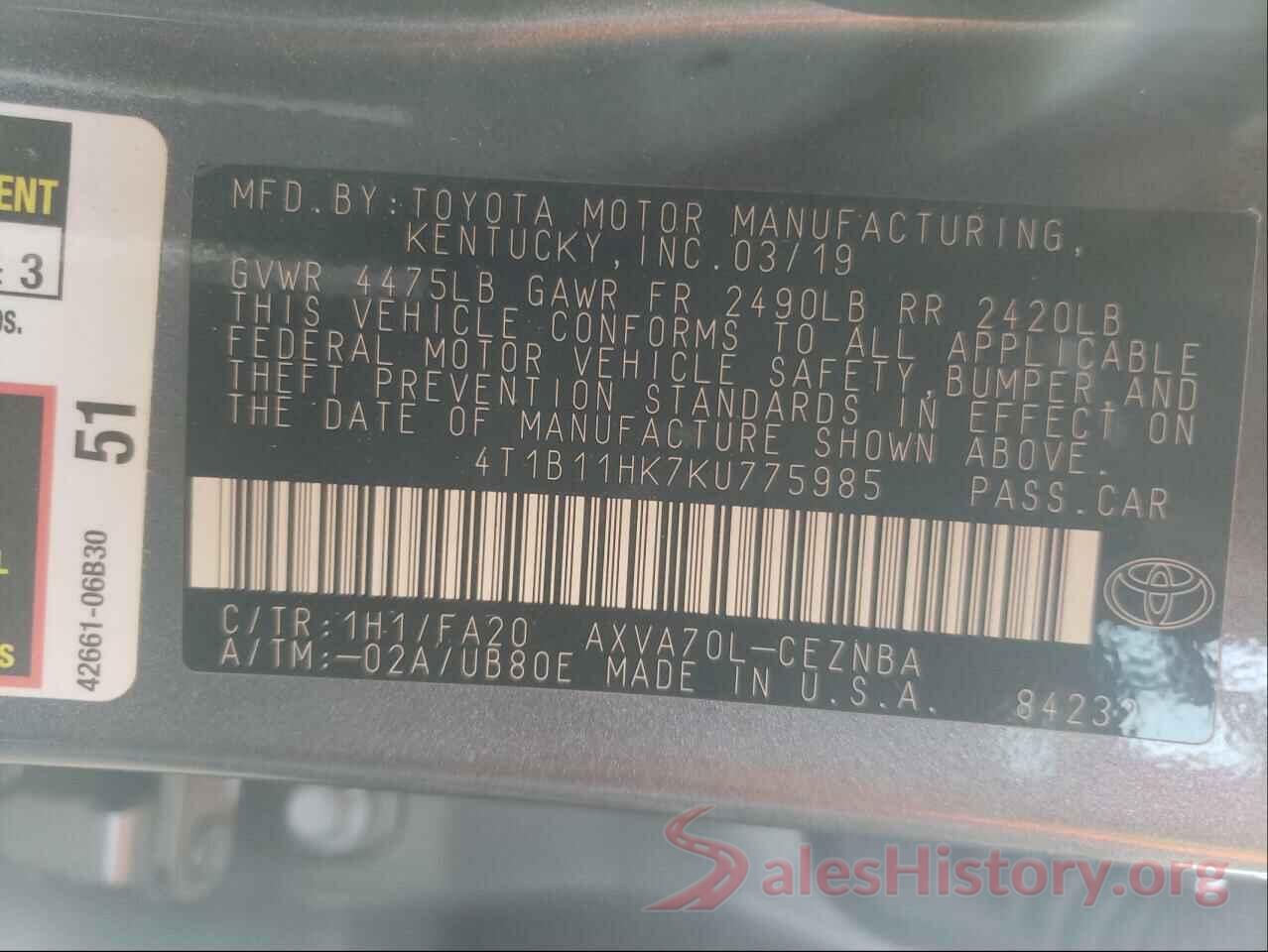 4T1B11HK7KU775985 2019 TOYOTA CAMRY