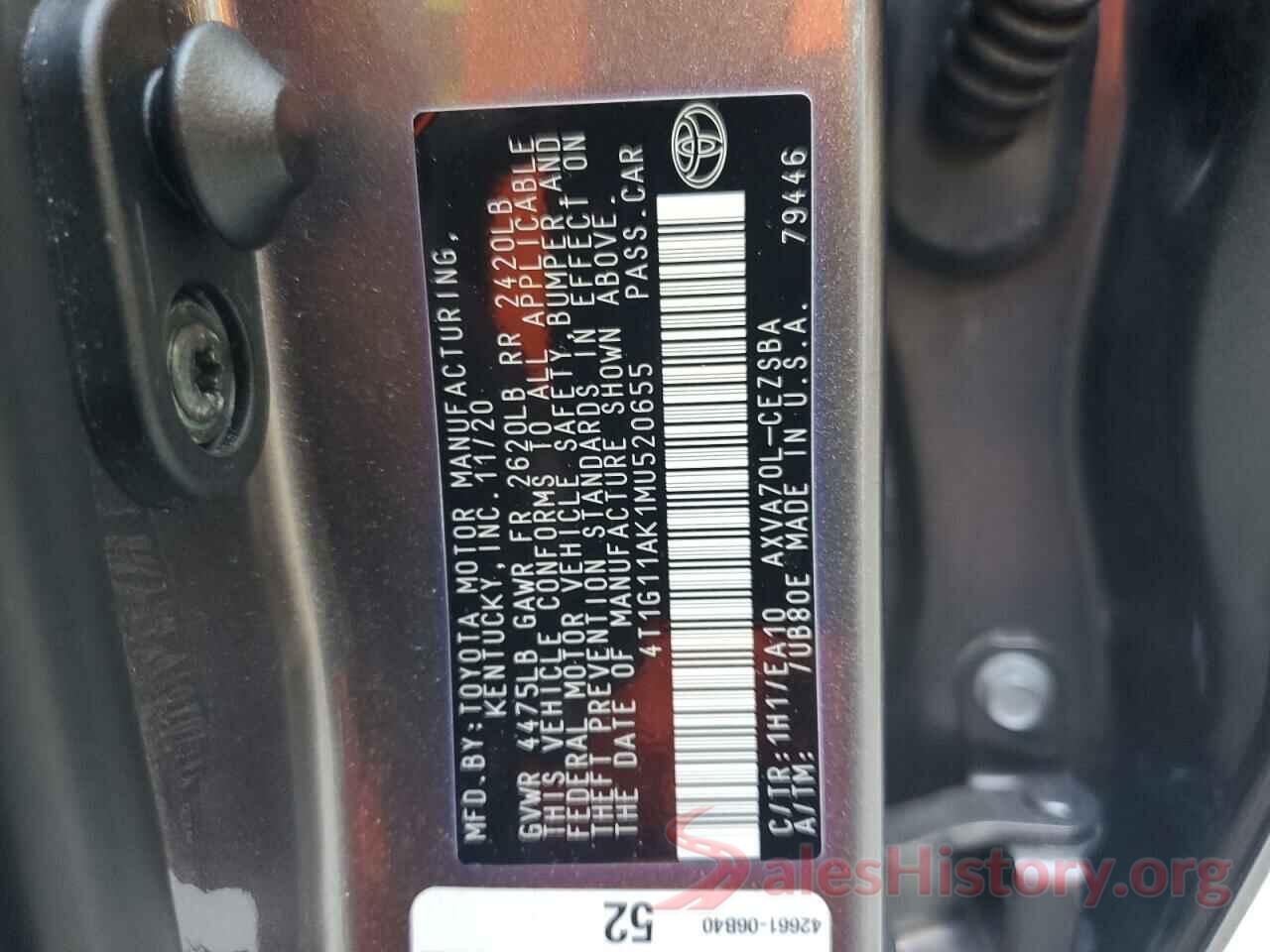 4T1G11AK1MU520655 2021 TOYOTA CAMRY