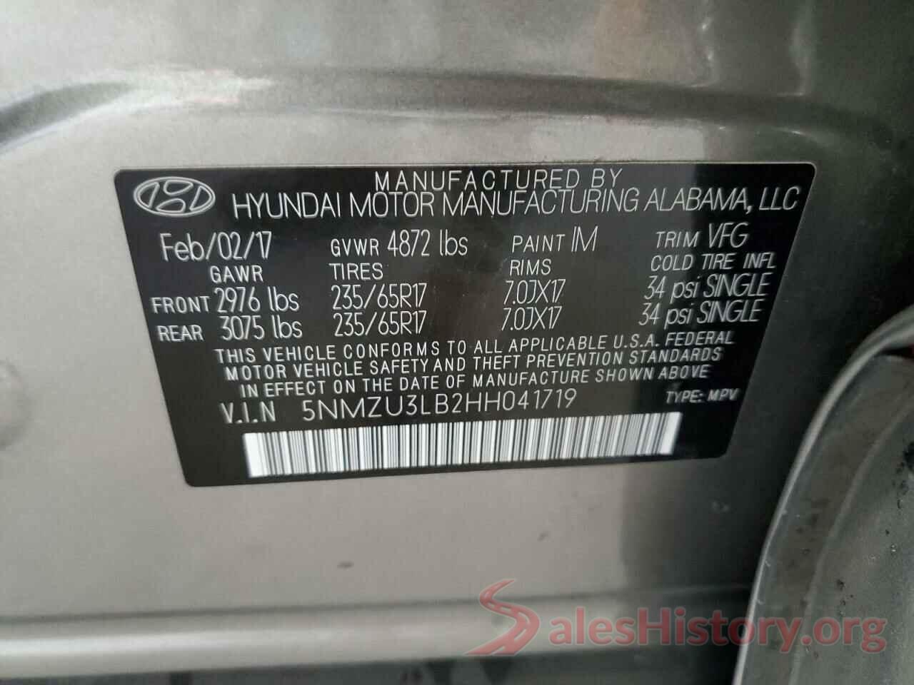 5NMZU3LB2HH041719 2017 HYUNDAI SANTA FE