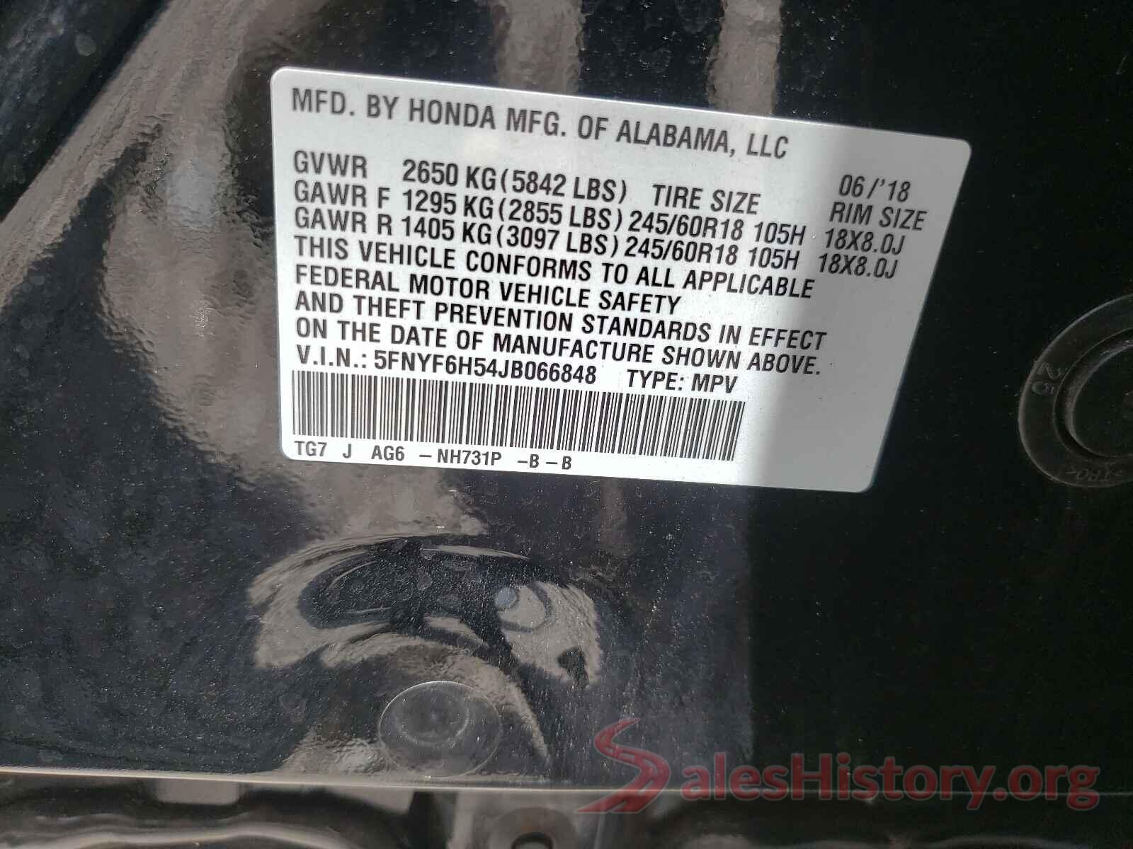 5FNYF6H54JB066848 2018 HONDA PILOT