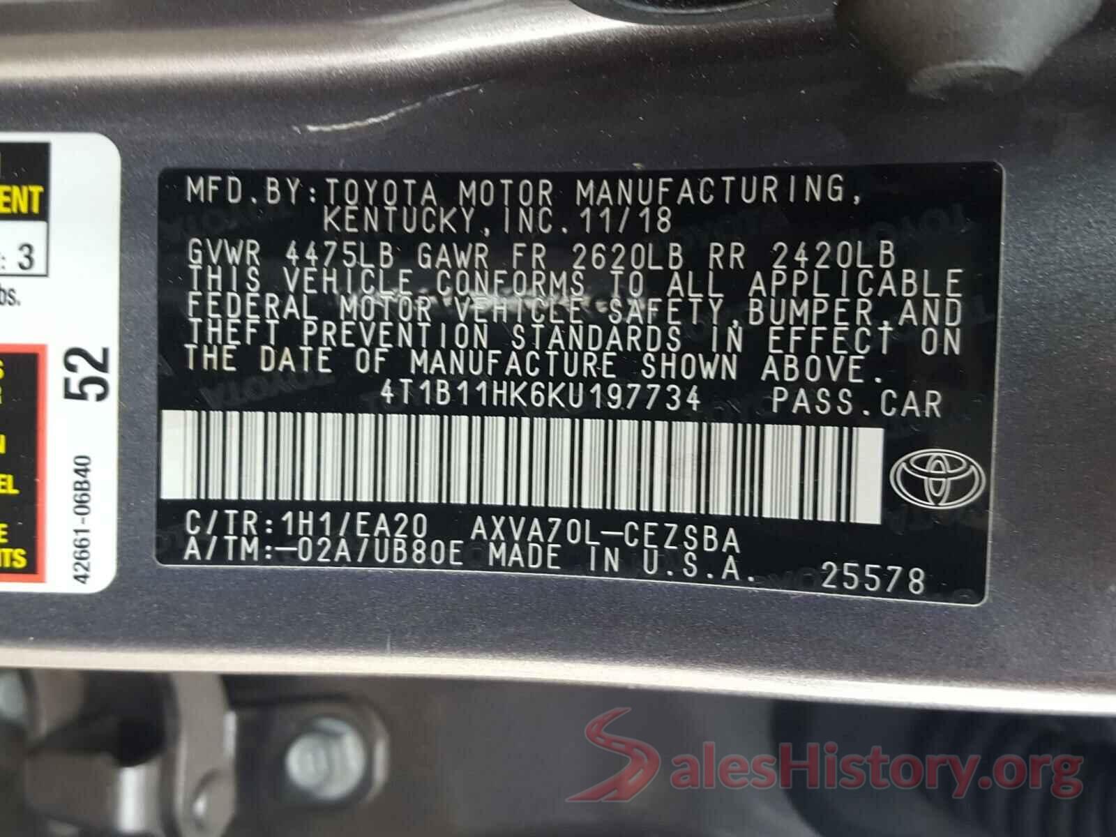 4T1B11HK6KU197734 2019 TOYOTA CAMRY