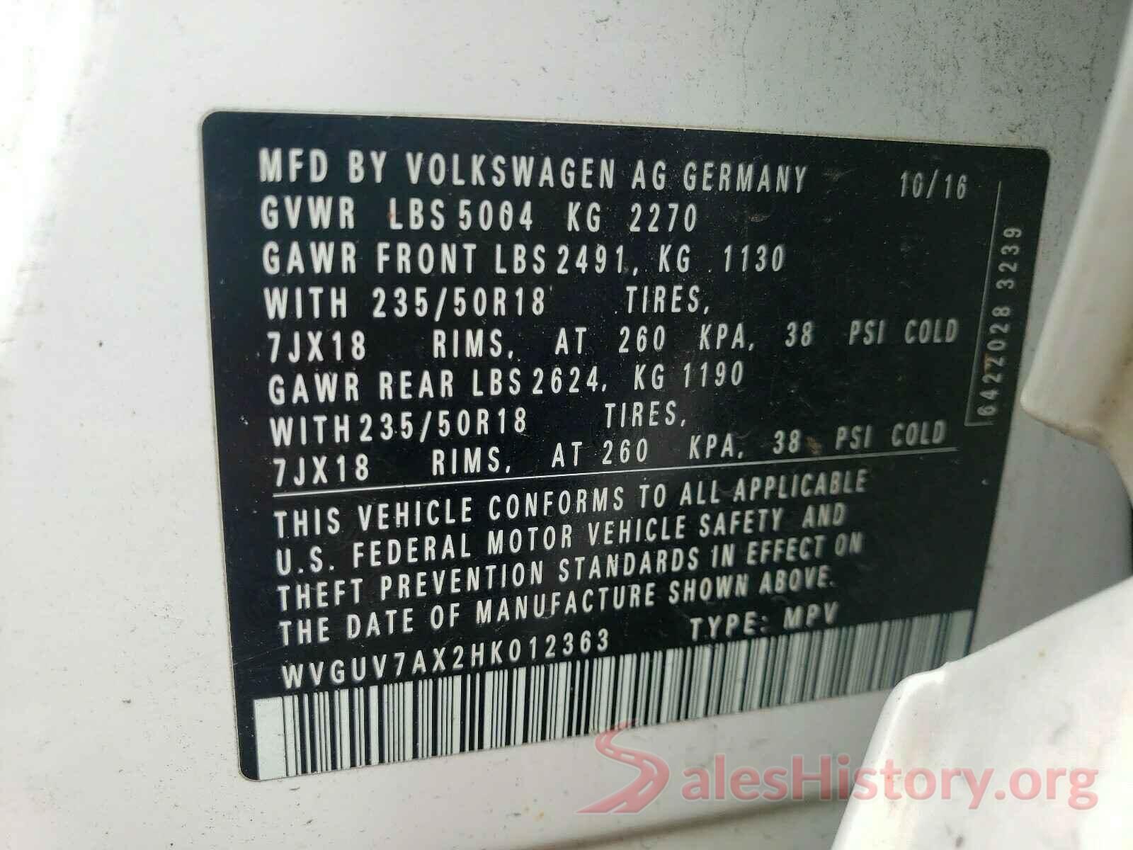 WVGUV7AX2HK012363 2017 VOLKSWAGEN TIGUAN