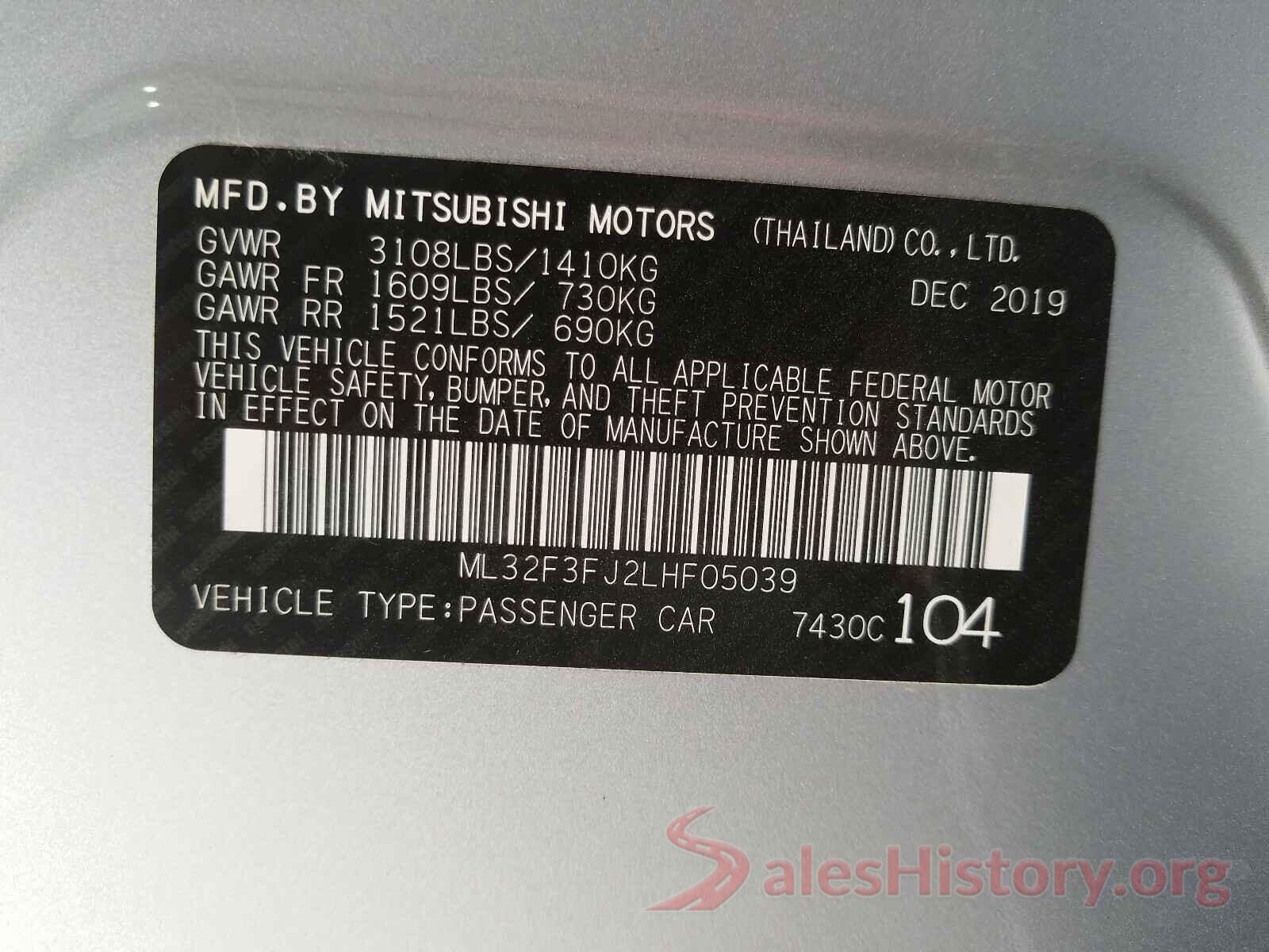 ML32F3FJ2LHF05039 2020 MITSUBISHI MIRAGE