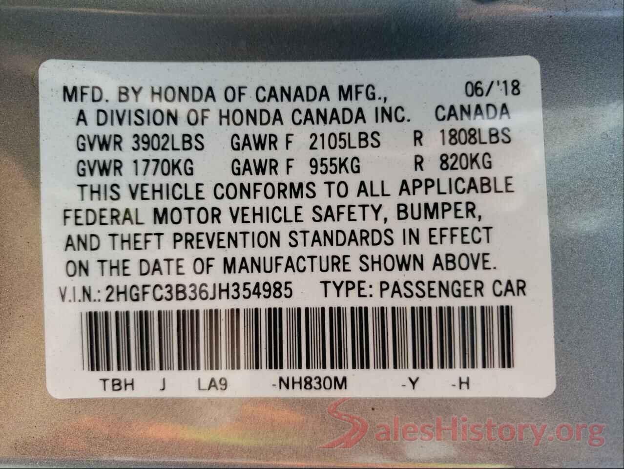 2HGFC3B36JH354985 2018 HONDA CIVIC