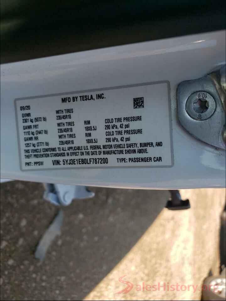 5YJ3E1EB0LF787200 2020 TESLA MODEL 3